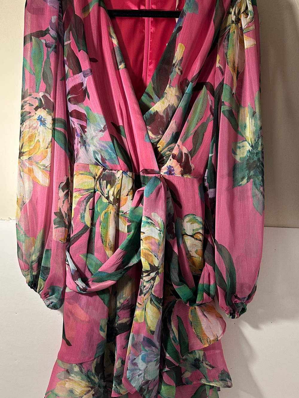 Alex Marie Fuchsia Floral Wrap Maxi Dress with Green and Yellow Accents